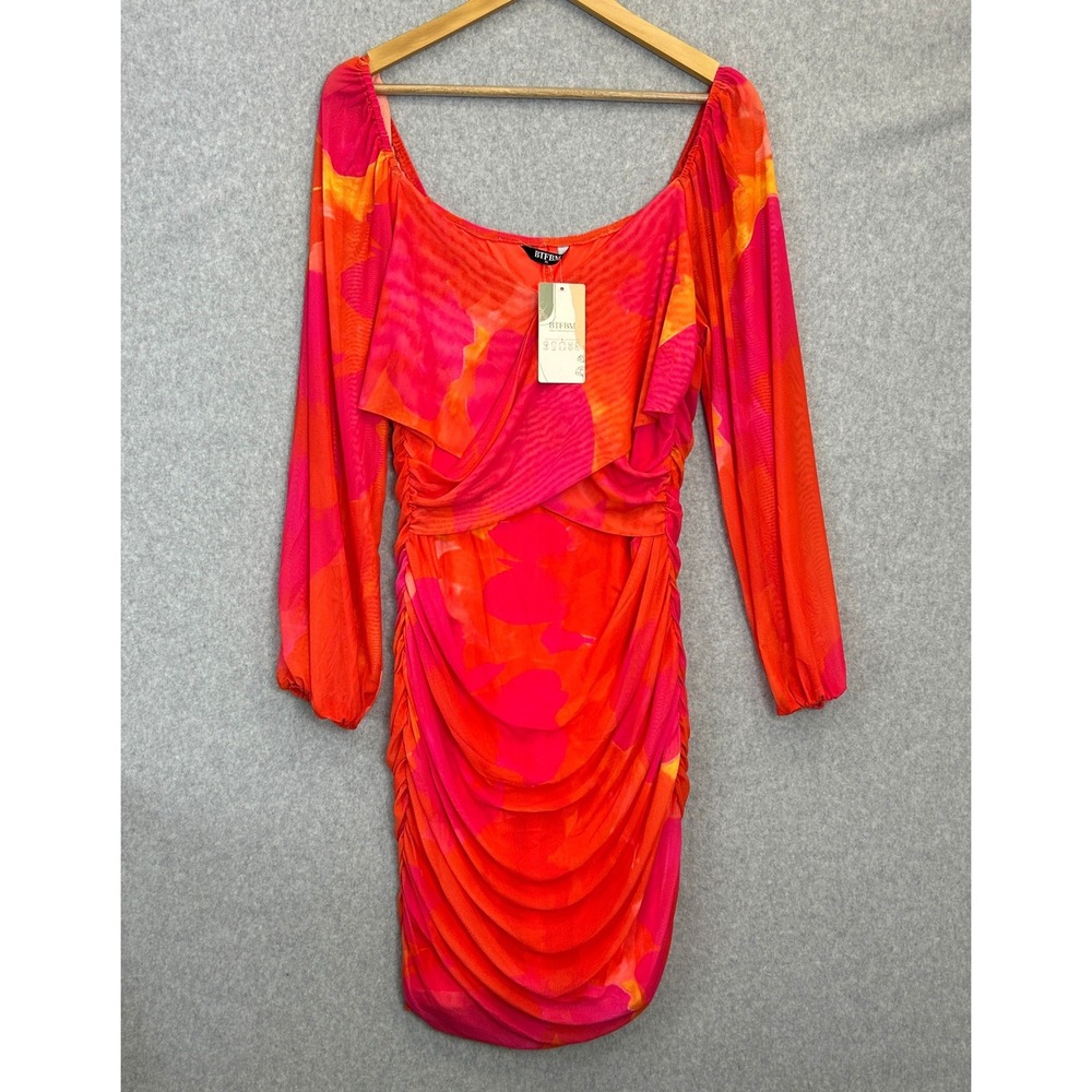 BTFBM Ruched Mesh Mini Dress Pink Orange Tropical Floral Long Sleeve Size XL NWT